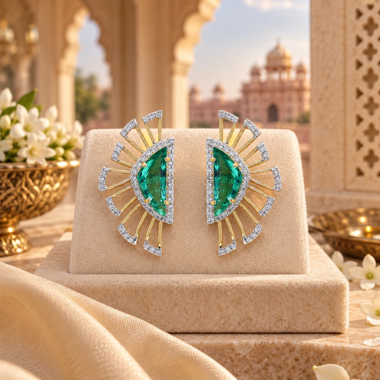 Emerald & Diamond Art Deco Fan Earrings