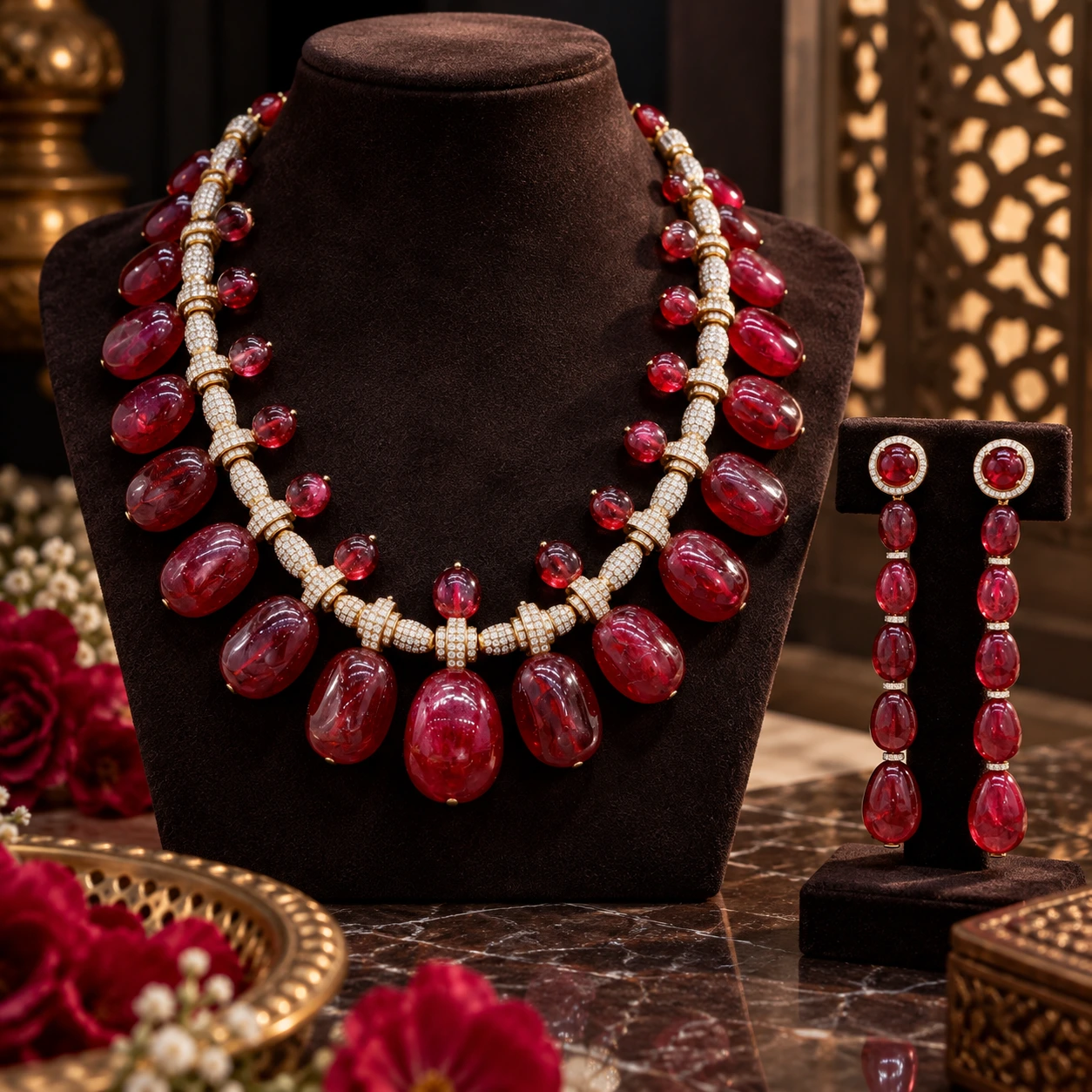 Royal Ruby Bead Collar & Earring Set