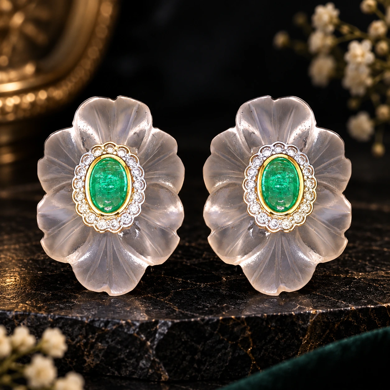 Carved Rock Crystal & Emerald Studs