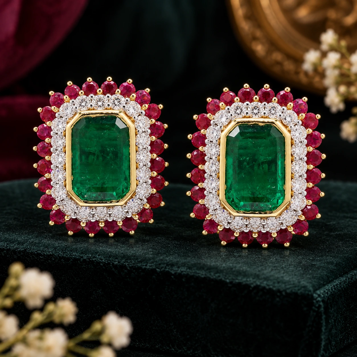 Imperial Emerald & Ruby Starburst Studs