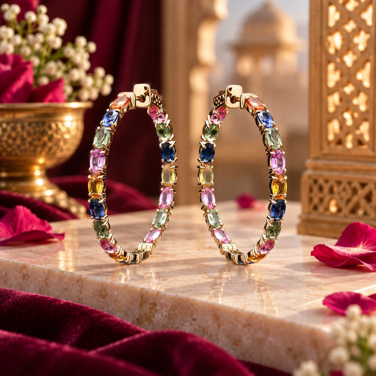 Rainbow Gemstone Oval Eternity Hoops