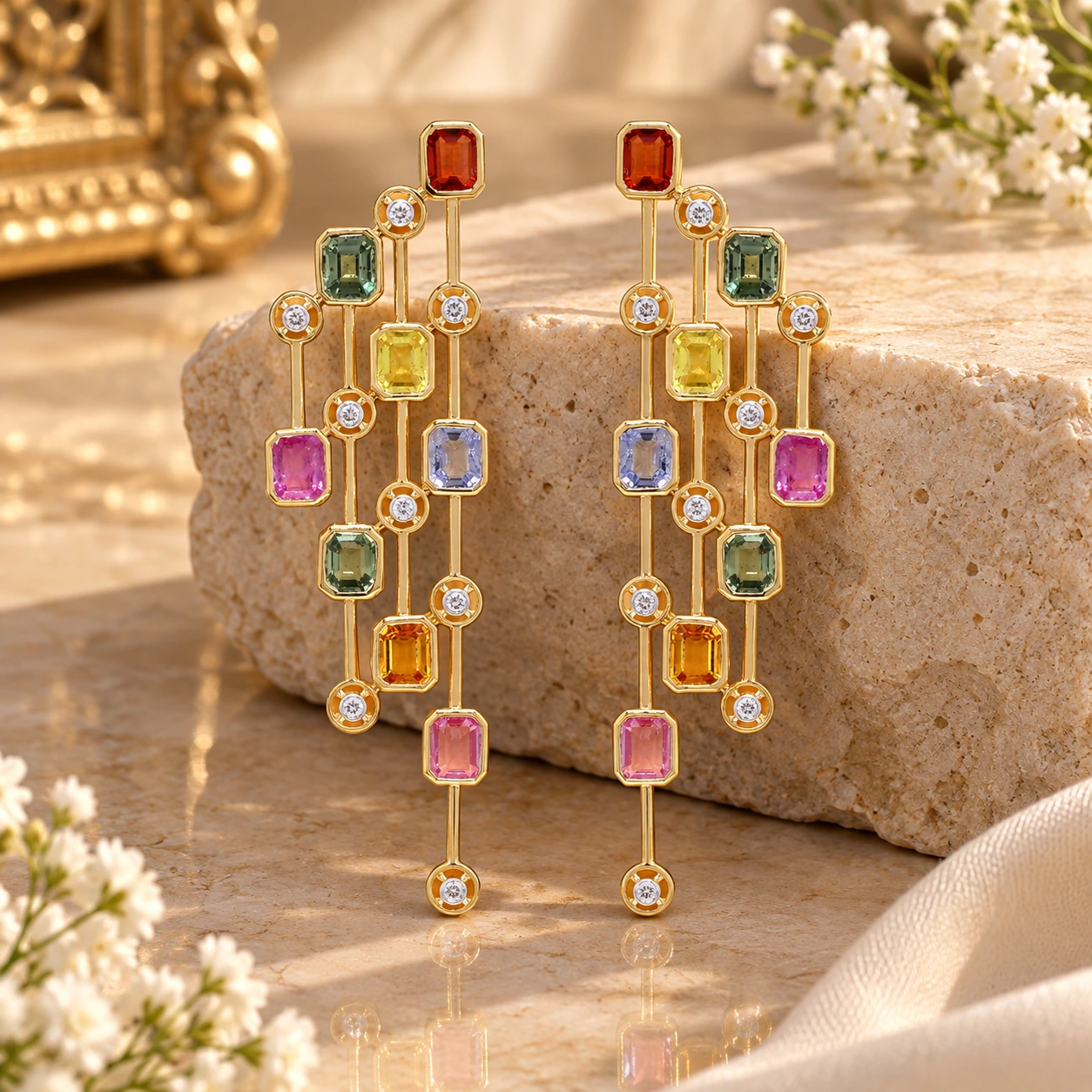Multicolor Sapphire Diamond Earrings